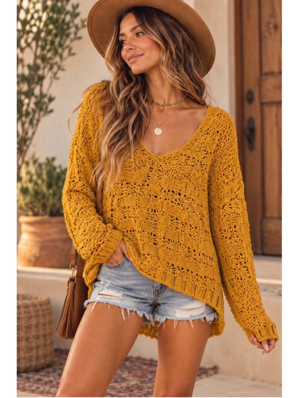 Chelsea & Theodore Mustard Yellow Open Knit Sweater Women’s S Boho High Low